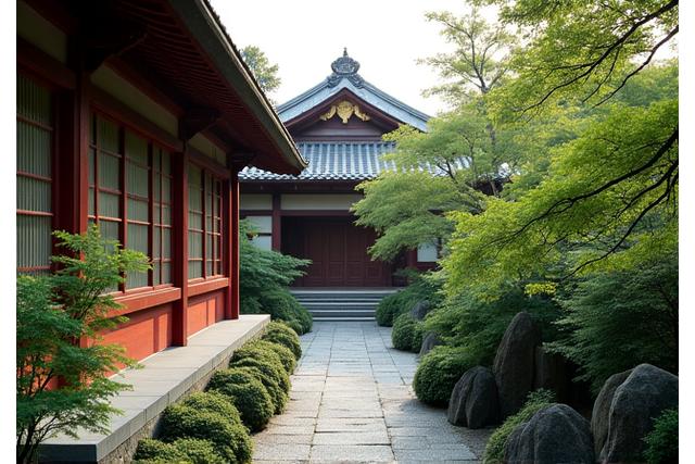 Un temple japonais traditionnel avec des jardins luxuriants à Kyoto
